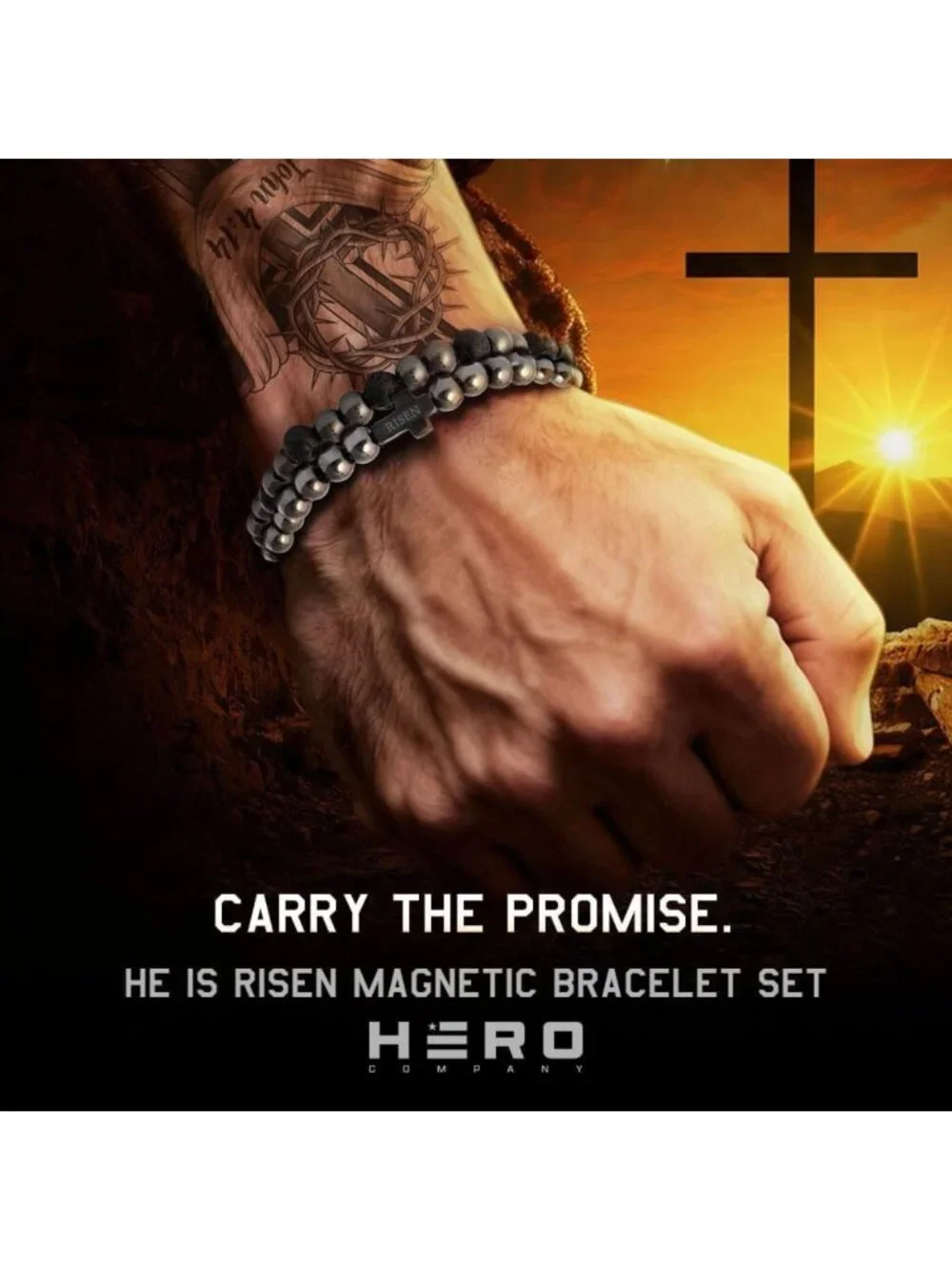 Magnetic Titanium Bead Bracelet Set for Men | 'He Is Risen' Religious Jewelry